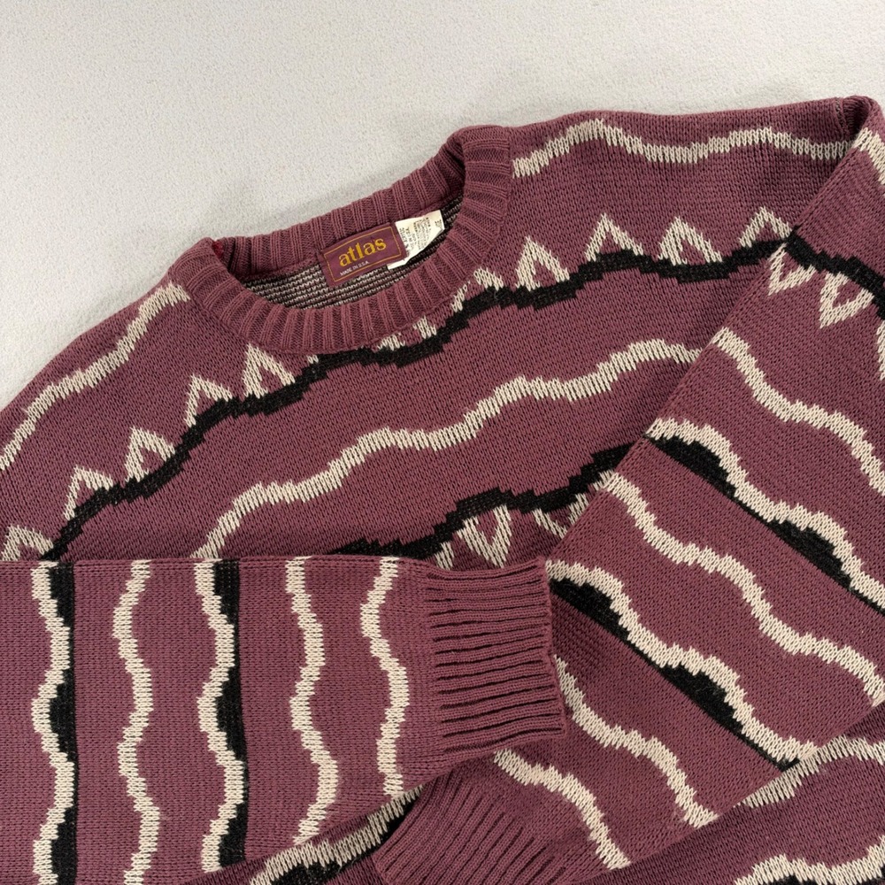 Atlas Vintage Sweater Geometric Zig Zag XL Burgundy Made in USA Knit